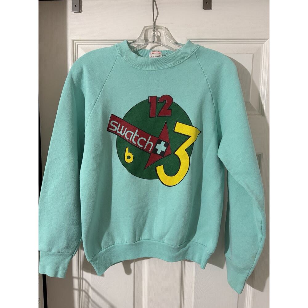 Vintage Swatch Sweatshirt 80s/90s Sz M Clock Watch Teal